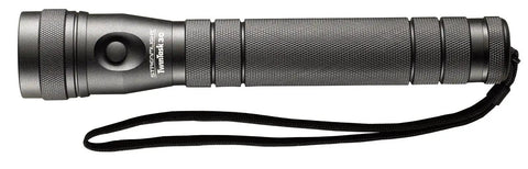 Side view of Twin Task UV LED Flashlight With Six UV LEDs, Battery Powered 3C, sturdy build, black finish, with heavy duty lanyard