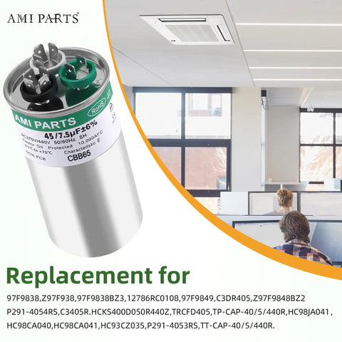 Beefed Up Dual Run HVAC Capacitor 45/7.5 uF 370/440V Replacement For Heat Pump Condenser Fan And Air Conditioner displayed