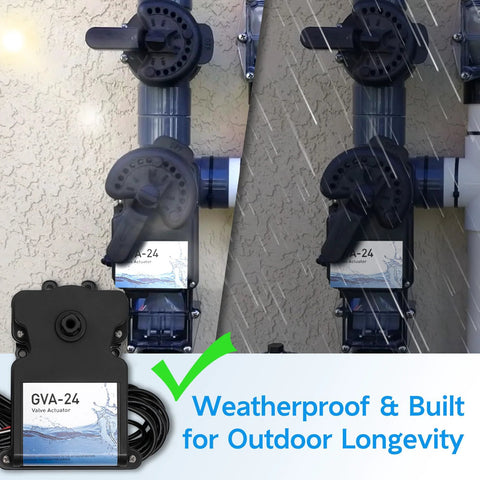 Two GVA-24 24V pool valve actuators with 15-ft cables installed on outdoor PVC piping.