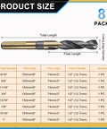 Premium 8-Pack Reduced Shank Drill Bit Set From 9/16 To 1 Inch Featuring High-Speed Steel Construction With Gold Finish And Split Point Tips For Drilling Metal Wood And Steel Like A Boss. size chart