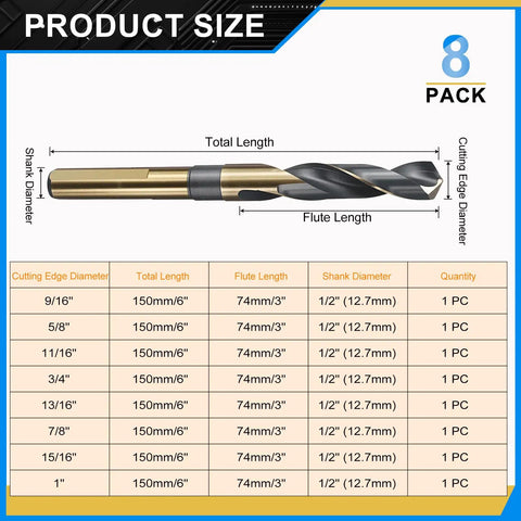 Premium 8-Pack Reduced Shank Drill Bit Set From 9/16 To 1 Inch Featuring High-Speed Steel Construction With Gold Finish And Split Point Tips For Drilling Metal Wood And Steel Like A Boss. size chart