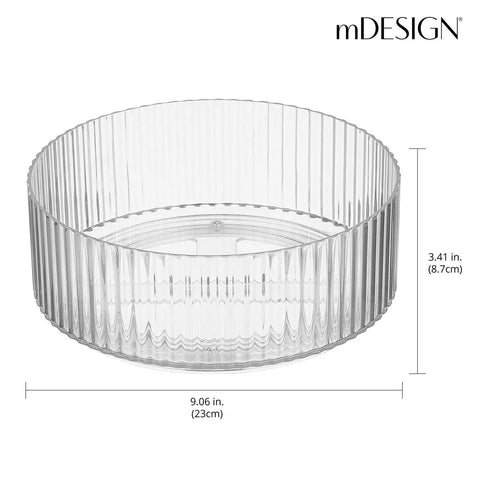 Two Pack Fluted Lazy Susan Plastic Spinner Turntable For Kitchen Counter Organizing Rotating Organizer Swivel Tray For Spices And Accessories 9 Inch Round Clear Sturdy Build Life Hack top view with measurements