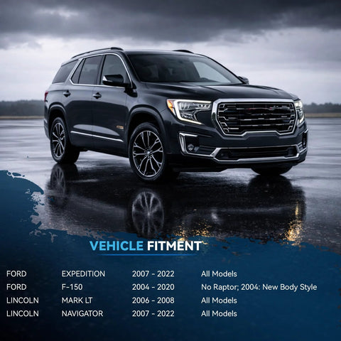 SUV parked on wet pavement with vehicle fitment list for Ford Expedition, F-150, Lincoln Mark LT, and Navigator displayed over image.