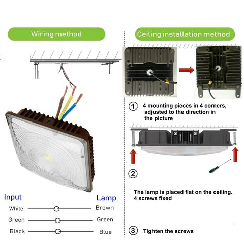 Installation guide for 120W LED Canopy Light High Bay Ceiling Fixture Pack Of 2 for warehouse and balcony, showing wiring and mounting steps.