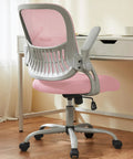 Pink ergonomic mesh office chair with mid back support and flip up arms in a home study setting by a desk.