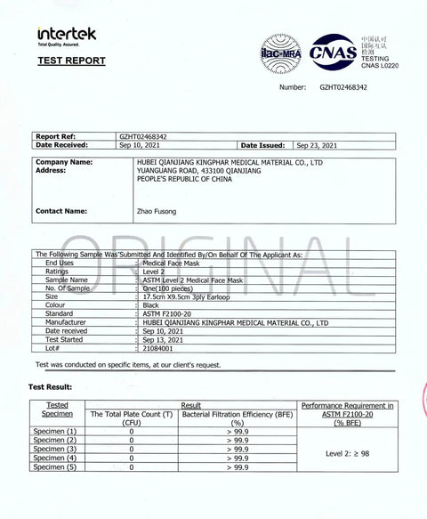 Test report for Black 3 Layer Disposable Face Masks Bulk Pack 500 Count ASTM Level 2 Medical Grade Protection Soft Elastic Earloops