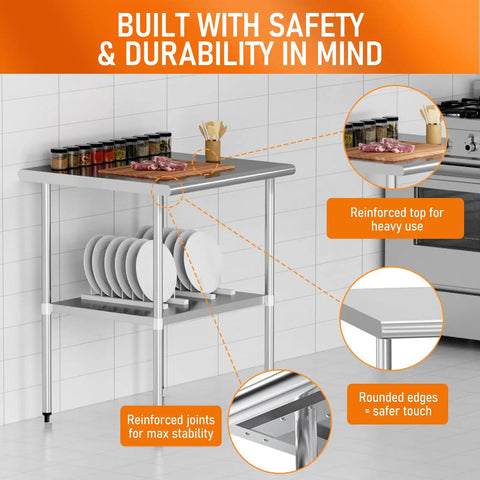Stainless Steel Work Table 24x30 with Adjustable Undershelf and Backsplash Commercial Grade 430 Stainless Steel Scratch Resistant and Easy to Clean Perfect for Kitchen Garage Outdoor BBQ Built Tough for the Kitchen Grind
