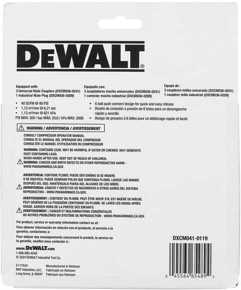 Back packaging of 3 Way Air Manifold With Plug And Universal Coupler Kit For Pneumatic Tools, showing specifications and safety warnings.