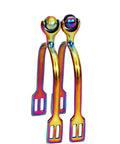 Roller Ball Horse Spurs With Dope Multi Color Stainless Steel Rainbow Finish for English Riding, smooth roller ball, lightweight design.