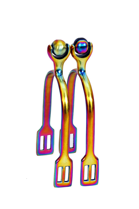 Roller Ball Horse Spurs With Dope Multi Color Stainless Steel Rainbow Finish for English Riding, smooth roller ball, lightweight design.