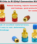 R1234yf To R134a Adapter Kit For Car AC Systems, showing red and blue brass quick couplers, high and low side adapters