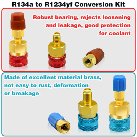 R1234yf To R134a Adapter Kit For Car AC Systems, showing red and blue brass quick couplers, high and low side adapters