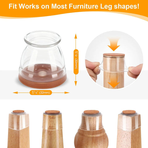 24 Pack Silicone Chair Leg Floor Protectors for Hardwood Floors, felt pads fitting round and square chair feet demonstration