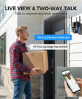 Solar Powered Outdoor Security Camera With 2K 360 Degree View Wireless WiFi Color Night Vision PIR Detection Two Way Audio Motion Alerts Easy Setup No Wires No Fuss installed on house exterior for package delivery monitoring with a person holding a smartphone showing live view.