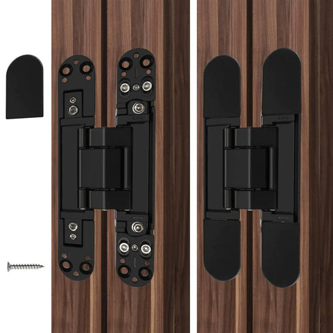 Two Pack 7 Inch Hidden Door Hinges In Black Finish, Modern Contemporary, Zinc Alloy And Aluminum With Hardware, Unfinished Surface, 176 Lb Capacity, 3D Adjustable Up Down 3.0mm, Left Right 2.0mm, Forward Back 1.0mm