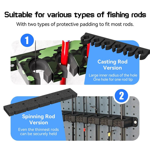 Vertical Wall Mount Fishing Rod Holder Rack 2 Pack Garage Storage Solution That Lets You Stash Up To 12 Rods Or Combos, showing casting and spinning versions with protective padding.