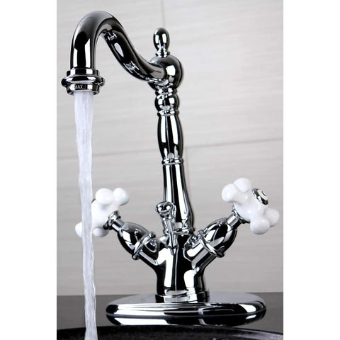 Heritage Two-Handle Bathroom Faucet With Brass Pop-Up Drain And Cover Plate, Polished Chrome Finish, water flowing from spout.