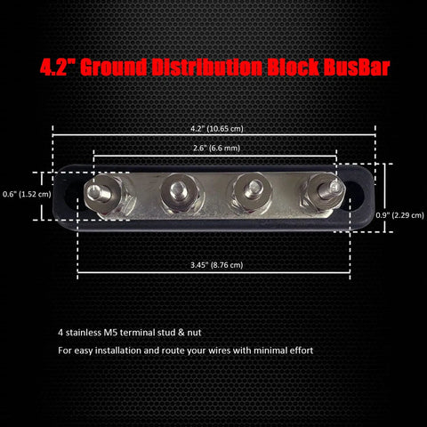 Heavy Duty Nickel Plated Brass Bus Bar With Heat Resistant Lid And M5 Studs Zero Sweat Wire Routing For Car Audio Marine Amp Power Junction Block Setup Black Finish, 4.2 inch distribution block with M5 terminals.