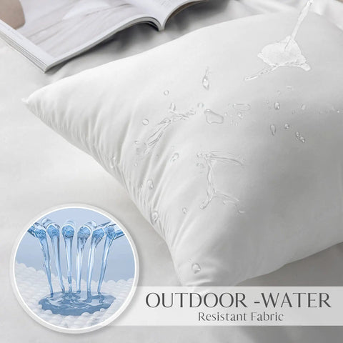 20x20 Inch Outdoor Pillow Inserts Set of 2 Waterproof Cushions for Patio Garden and Balcony, water-resistant cover shown