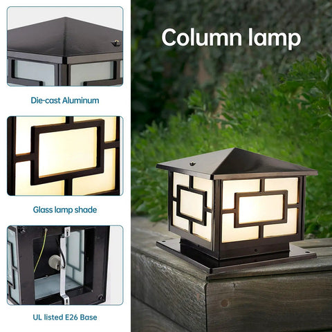 Outdoor Pillar Lights Modern Rustic Aluminum Post Lights IP65 Waterproof Glass Shade E26 Base Fence Column Yard Landscape Lanterns For Deck Patio Garden Anti Corrosion Black Finish.