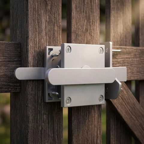Amagogo Sliding Bolt Gate Latch-Heavy-Duty Steel Construction, Shielded Spray-Coated Finish, Latch with Double-Sided Handle, for Gates, Silver mounted on wooden fence.