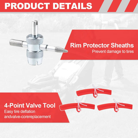 4-point valve tool and red rim protector sheaths from 15 Inch Tire Spoon Kit For Motorcycles Dirt Bikes And Lawn Mowers 29 Piece