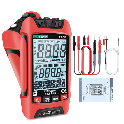 Digital Multimeter With TRMS And 9999 Counts Auto Ranging Backlight Display shown with accessories and manual.