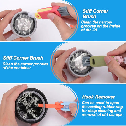 3 In 1 Cup Lid Gap Cleaning Brush Set For Water Bottles And Tumblers, demonstrating use on lid grooves and dirt removal