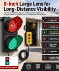 Heavy Duty Eight Inch LED Traffic Light With Toggle Switch Serving Up Blazing Red And Green Stop Go Signals For Unbeatable Sunlight Clarity On Busy Loading Docks Driveways And Garages, large lens design.