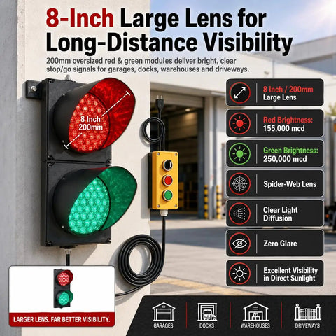 Heavy Duty Eight Inch LED Traffic Light With Toggle Switch Serving Up Blazing Red And Green Stop Go Signals For Unbeatable Sunlight Clarity On Busy Loading Docks Driveways And Garages, large lens design.
