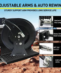 Retractable Three Quarter Inch Fuel Hose Reel 33 Feet With Nozzle And Swivel Diesel Reel Built To Last Auto Spring Driven 300 PSI Industrial Steel Construction NBR Rubber Hose For Farm Factory And Workshop on truck bed, adjustable arms and auto rewind