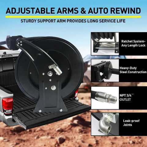 Retractable Three Quarter Inch Fuel Hose Reel 33 Feet With Nozzle And Swivel Diesel Reel Built To Last Auto Spring Driven 300 PSI Industrial Steel Construction NBR Rubber Hose For Farm Factory And Workshop on truck bed, adjustable arms and auto rewind