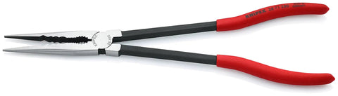 11 Inch Extra Long Needle Nose Pliers Straight Jaw With Slim Half Round Tips For Deep Reach And Four Groove Gripping Zones and red handles