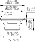 Technical diagram of 6.5 Inch Replacement Woofer With Butyl Rubber Surround 8 Ohm 90W RMS And 170W Max Aluminum Voice Coil