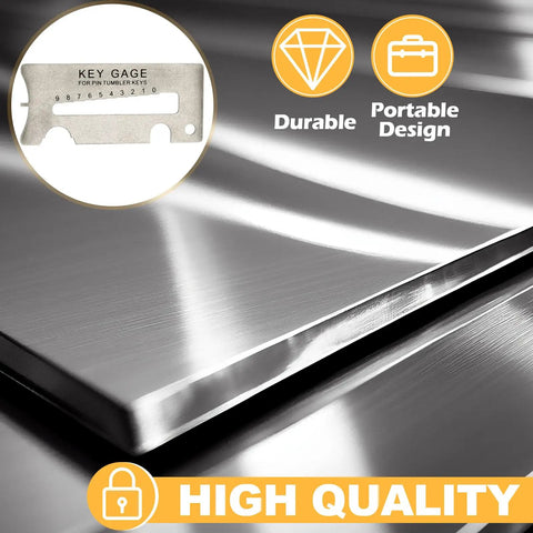 40-104 Key Gauge Kit for Locksmiths, stainless steel tool, highlighting durability and portability features.