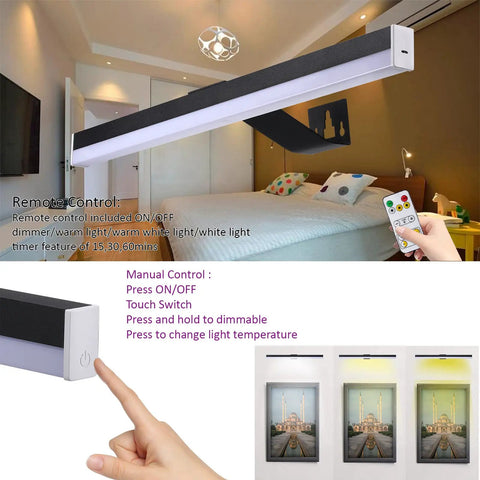 Must-Have Rechargeable 22 Inch Picture Light With Remote, showcasing dimmable 60 LED bar and lighting modes in a gallery setting.