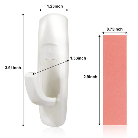 Damage Free Adhesive Hooks Set With Sixteen Hooks And Thirty Two Strips Holds Up To Five Pounds Per Hook For Easy Install On Smooth Surfaces, showing hook dimensions and strip size.