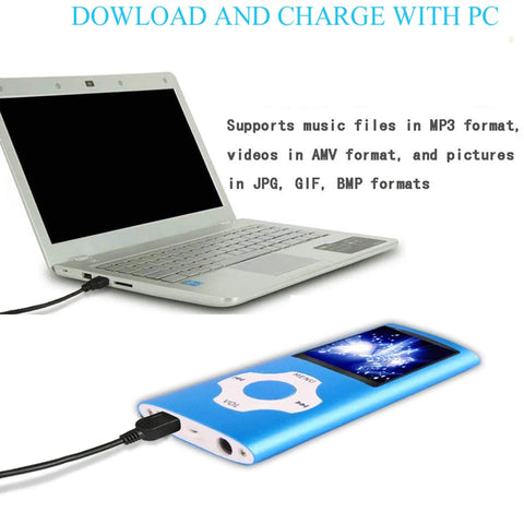 Dope 32GB MP3 Player With FM Radio And Voice Recorder One Point Eight Two Inch LCD Screen Blue connected to laptop