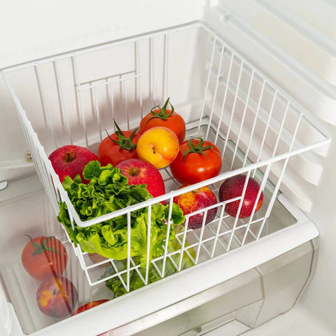 Vibe Shift Your Deep Freeze Setup With Heavy Duty Wire Baskets Acting As Kitchen Storage Organizer Bins For Chest Or Upright Models Refrigerator Dividers With Beefy Handles Four Pack Pearl White containing assorted fruits and vegetables.