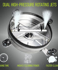 14 Inch Pro Grade Pressure Washer Surface Cleaner With Stainless Steel Body And Four Wheels For Concrete Patio Deck And Pathways One Quarter Inch Quick Connector Includes Two Extension Wands And Replacement Nozzles Up To 4000 PSI showing underside view with dual high-pressure rotating jets and four wheels.