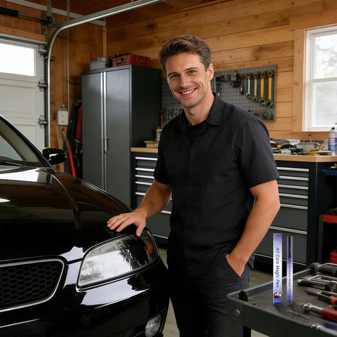 Real Talk Car Scratch Remover Pen For A Straight Up Rig Polish And Effortless Paint Touch Ups For All Exterior Colors And Weekend Warriors In A Twin Pack on a workbench.