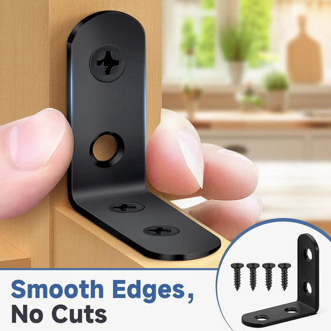 Heavy Duty L Bracket Corner Braces Kit With Matching Screws For Wood Furniture Frames installed on wood with smooth edges.