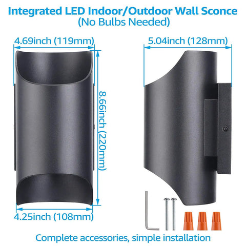 Dimensions and components of LED Cylinder Up Down Outdoor Wall Light Dope Energy Saving 24W 120V Aluminum Modern Sconce ETL Listed CRI90 3000K Warm White Front Door Porch Lighting Pack of 4