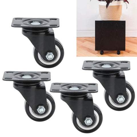Rcniso Universal 1.5 Inch Silent Furniture Caster, 360° Rotation for Cabinet Legs, Shelf Legs, Stainless Steel, 4 Pieces set on a wooden floor.