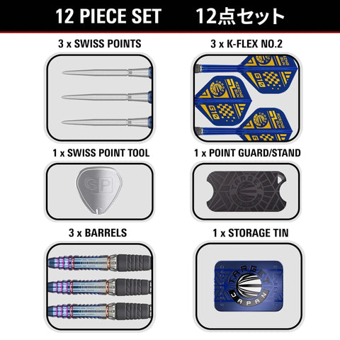 12 piece set of Rising Sun Gen 10 Steel Tip Darts with barrels, Swiss points, K-Flex shafts, and storage tin.