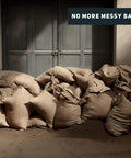 Brown sandbags piled outside a grey door with text 'No More Messy Bags', contrasting the 5 Foot Water Activated Flood Barriers For Home Doors And Garage.