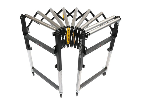 Laguna Xp 20 Inch Heavy Duty Flexible Roller Conveyor Table With Four Inch Locking Casters For Superior Stability And Easier Material Handling To Fit Most Bandsaws Smoothly, folded view.
