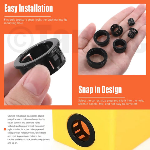 All-Purpose Cable Snap Bushing Kit 170-Piece Set In Six Sizes From 5/16 To 1 Inch Black Nylon Grommets In Hand