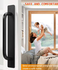 Black self adhesive cabinet handle on white background with cozy family scene, featuring child and parent, in background.