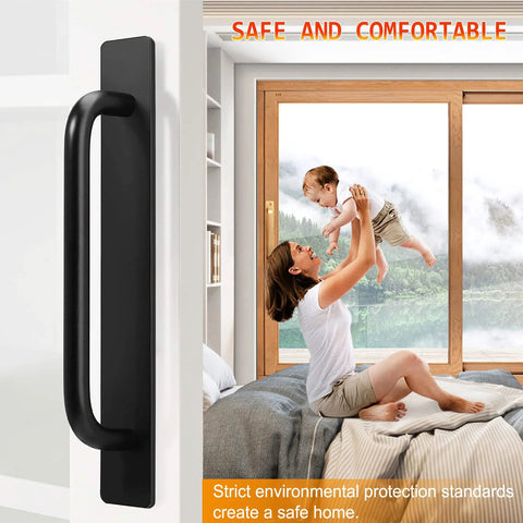 Black self adhesive cabinet handle on white background with cozy family scene, featuring child and parent, in background.